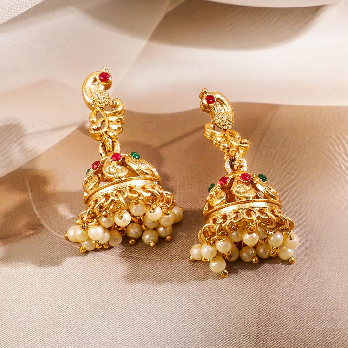 Rubans 22k Gold-Plated Red & Green Stone Studded Handcrafted Traditional Temple Jewellery Set For Women