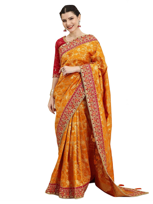 TRENDMALLS Women's Pure Silk Embroidery Saree with Unstitch Blouse Piece (K1113-Orange)