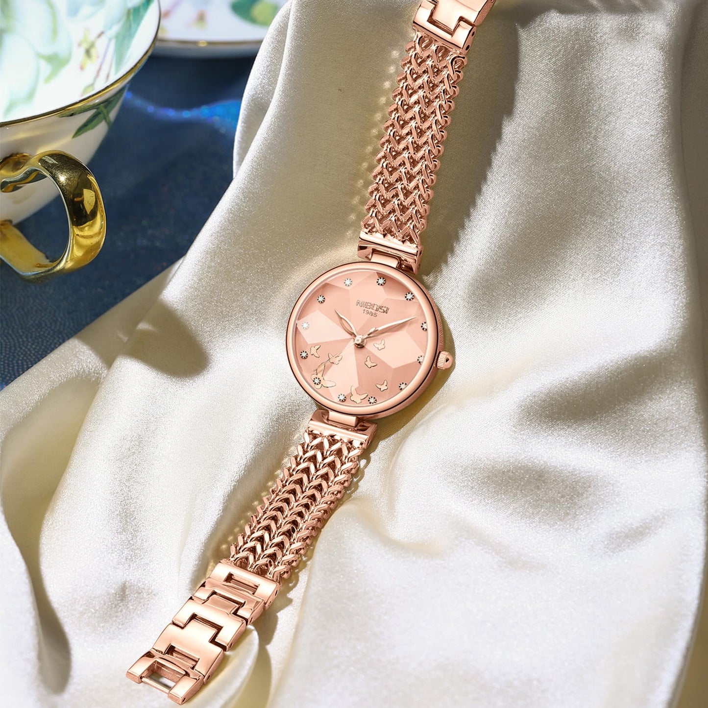 NIBOSI Watch for Woman Analog Quartz Rose Gold Stainless Steel Mesh Band Women Watches Stylish Diamond Wrist Watch Waterproof (Rose Gold-B)