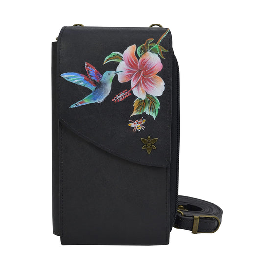 Anuschka Women's Hand-Painted Genuine Vegetable Tanned Leather Crossbody Phone Case - Hummingbird Black