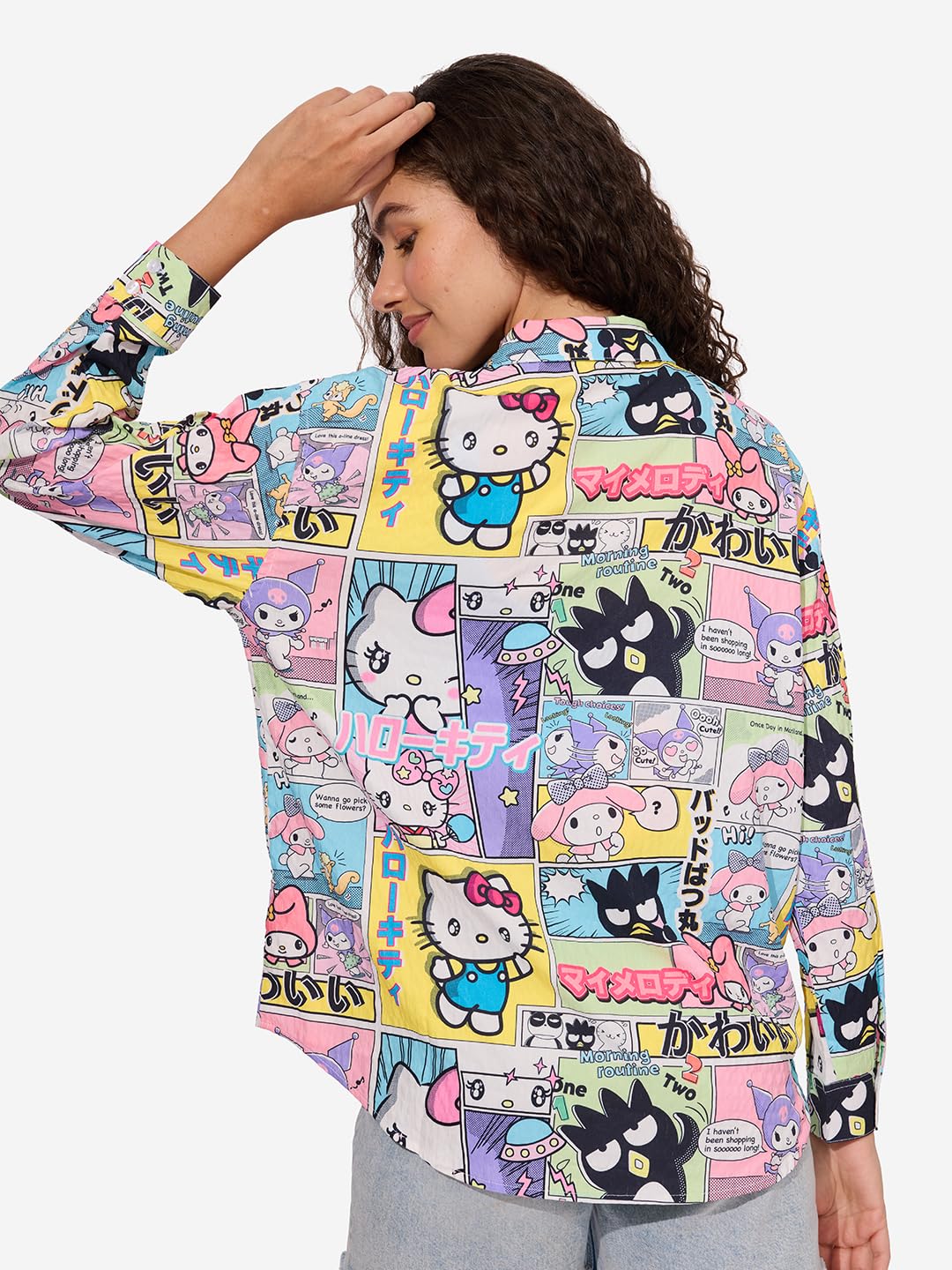 The Souled Store Official Hello Kitty: Kitty Power Women and Girls Long Sleeves Collared Neck Button Front Multicolor All Over Printed Polyester Boyfriend Shirts