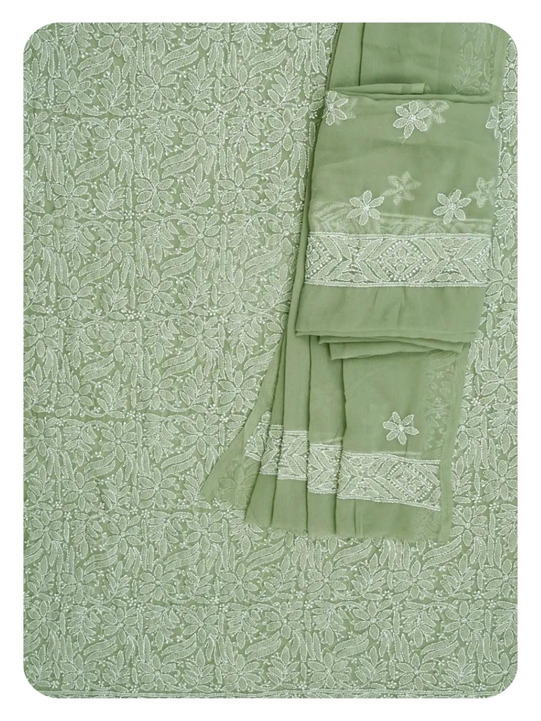Ada Hand Embroidered Lucknowi Chikankari Unstitched Georgette Dress Material Suit Piece with Dupatta for Women 01A867806 Moss Green