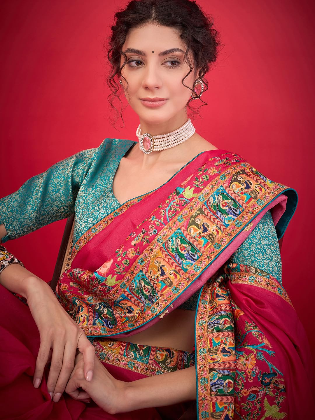 AKHILAM Women's Pink Viscose Silk Ethnic Motif Printed Saree With Unstitched Blouse Piece (MSTANI144A_HS)