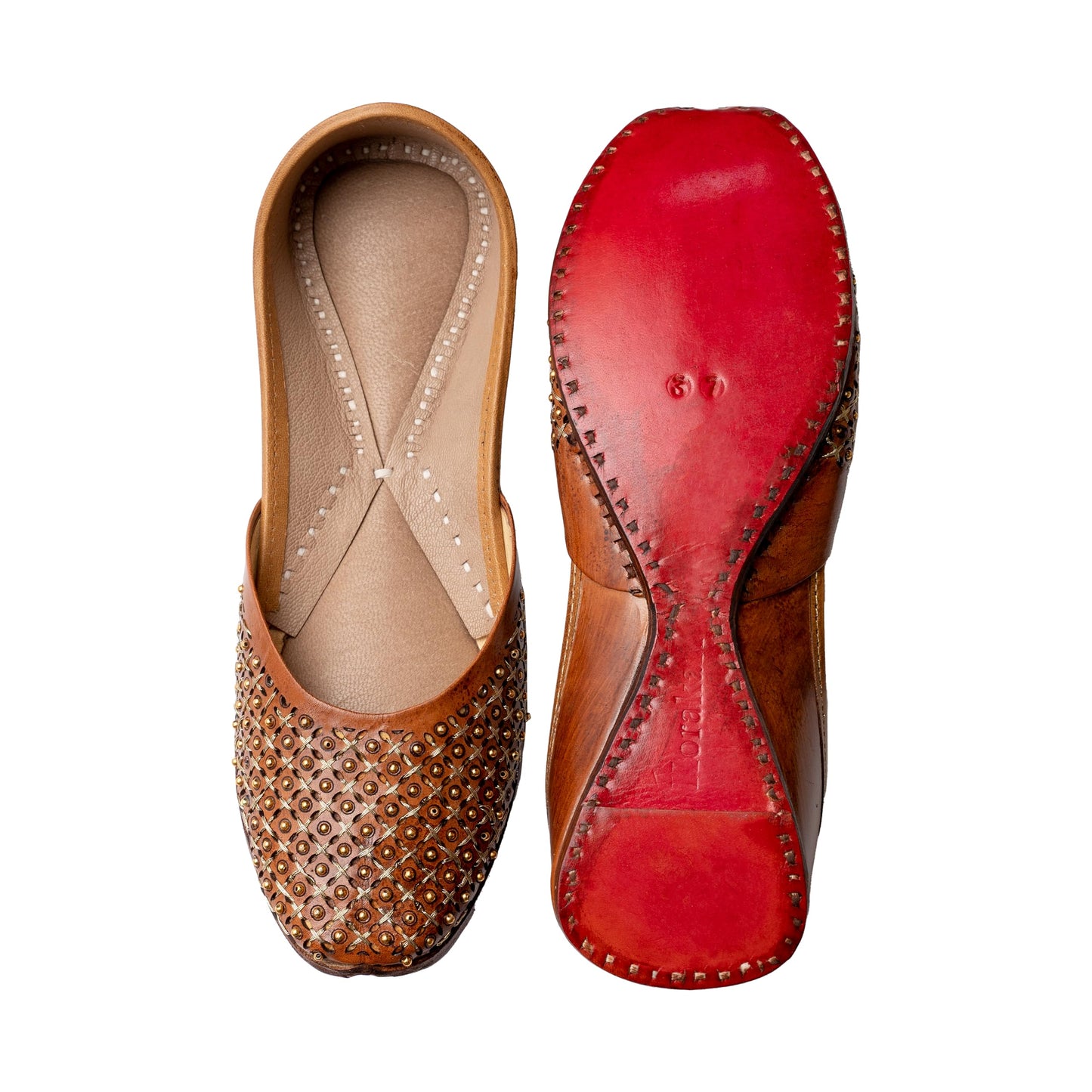 KORAKARI Women's Traditional Ethnic Amber Punjabi Jutti, Leather Flat Comfortable Mojaris for Girls (Size: UK3, Tan)