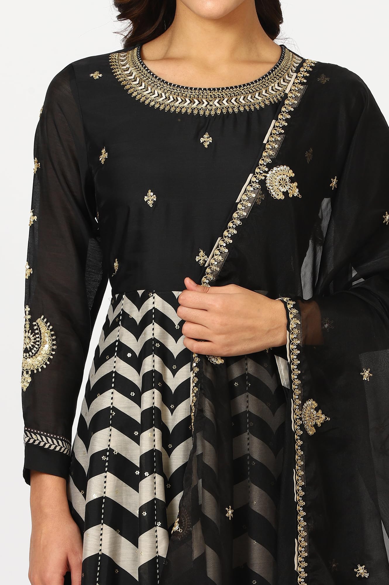 W for Woman Black Chevron Printed Embroidered Chanderi Anarkali Kurta, Tights and Duptta Set (Size: XXL)-24AUSP11666-124621