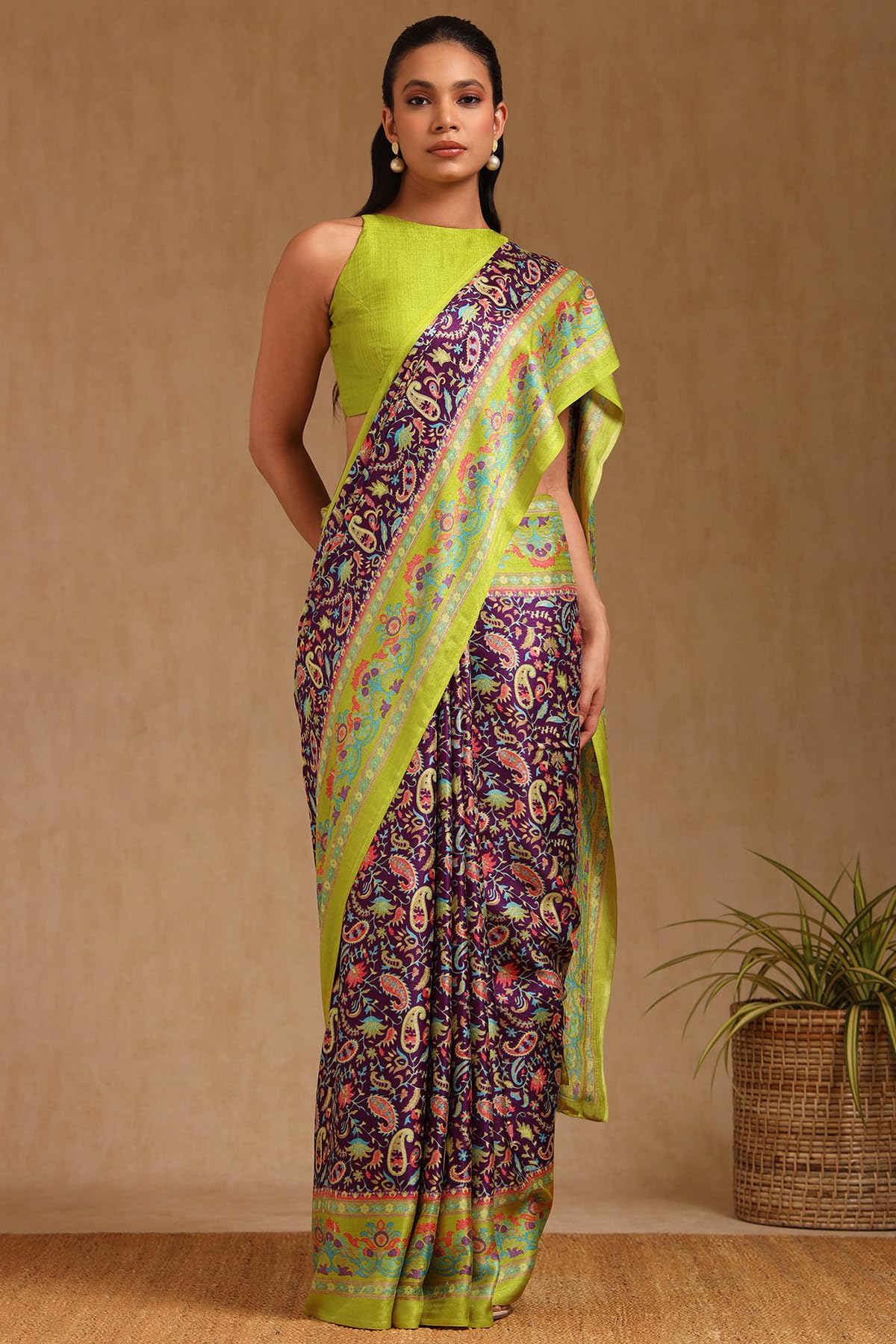 Soch Womens Purple Pashmina Paisley Print Saree