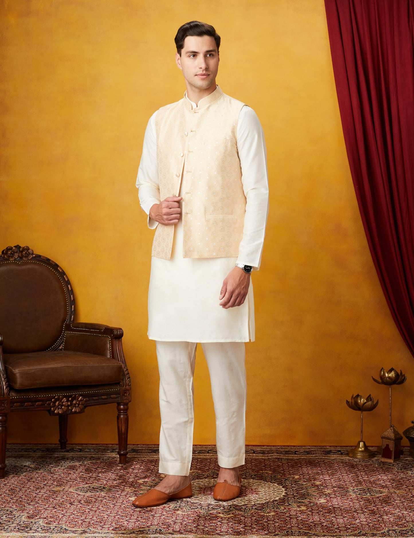 Symbol Premium Rayon Blend Men's Festive Geometric Nehru Jacket Kurta Pant Set (3pcs) (SP-M-A24-ET-501_OFF WHITE/L.YELLOW_2XL)