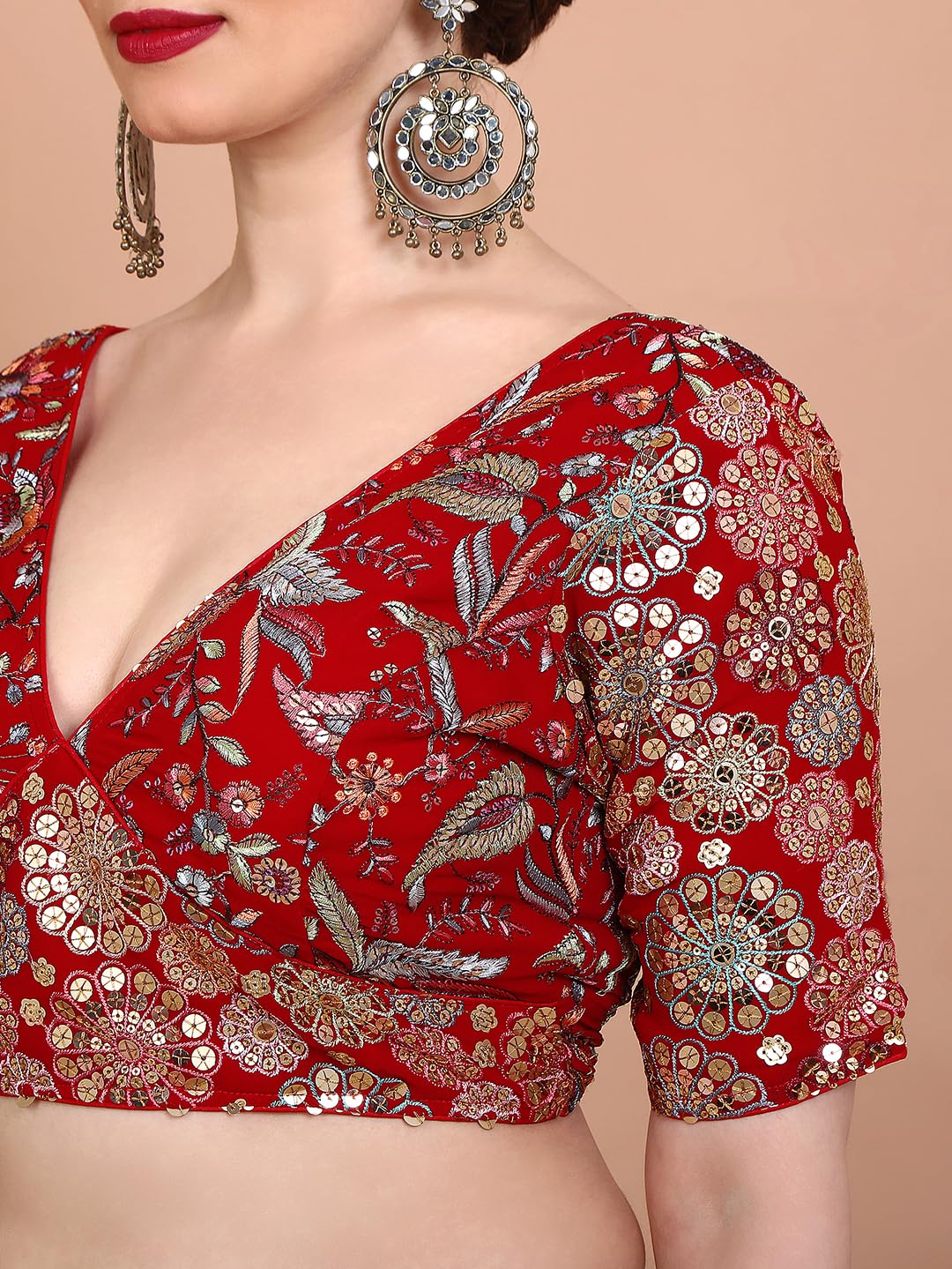 S SALWAR STUDIO Red Georgette Embroidered Readymade Alterable Blouse