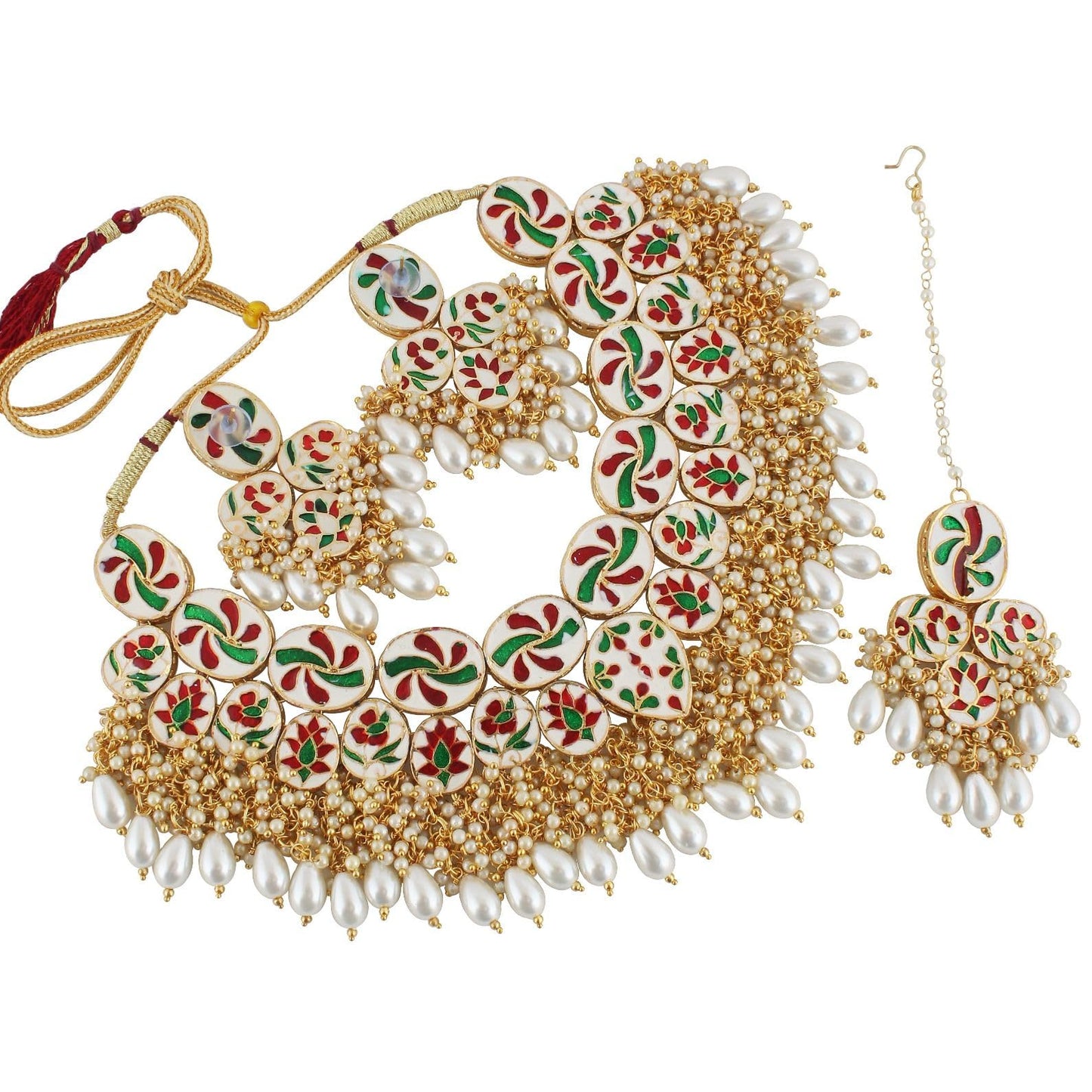 Lucky Jewellery Back Meenakari 18k Gold Plated White Color Set with Earring and Mang Tika Combo Uncut Big Faux Kundan Choker Necklace set (2415-J5SK-1815-W)