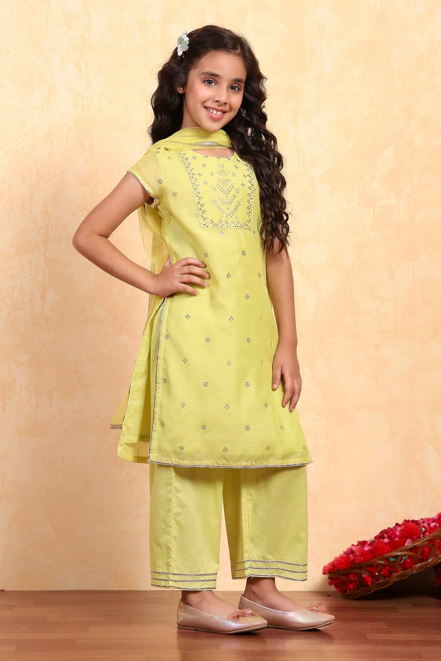 Biba Girl's Polyester Kurta Set (KW5222ESS25LMYL