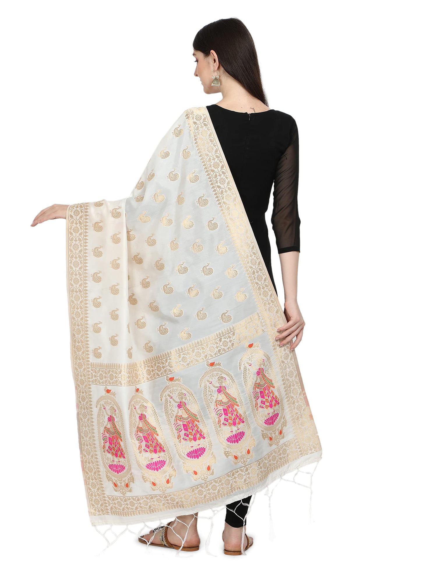 DEVANGI Women's Woven Banarasi Silk Zari Dupatta/Chunni, Width 1 Meter, Length 2.5 Meter (OM-DT-05-WHITE)