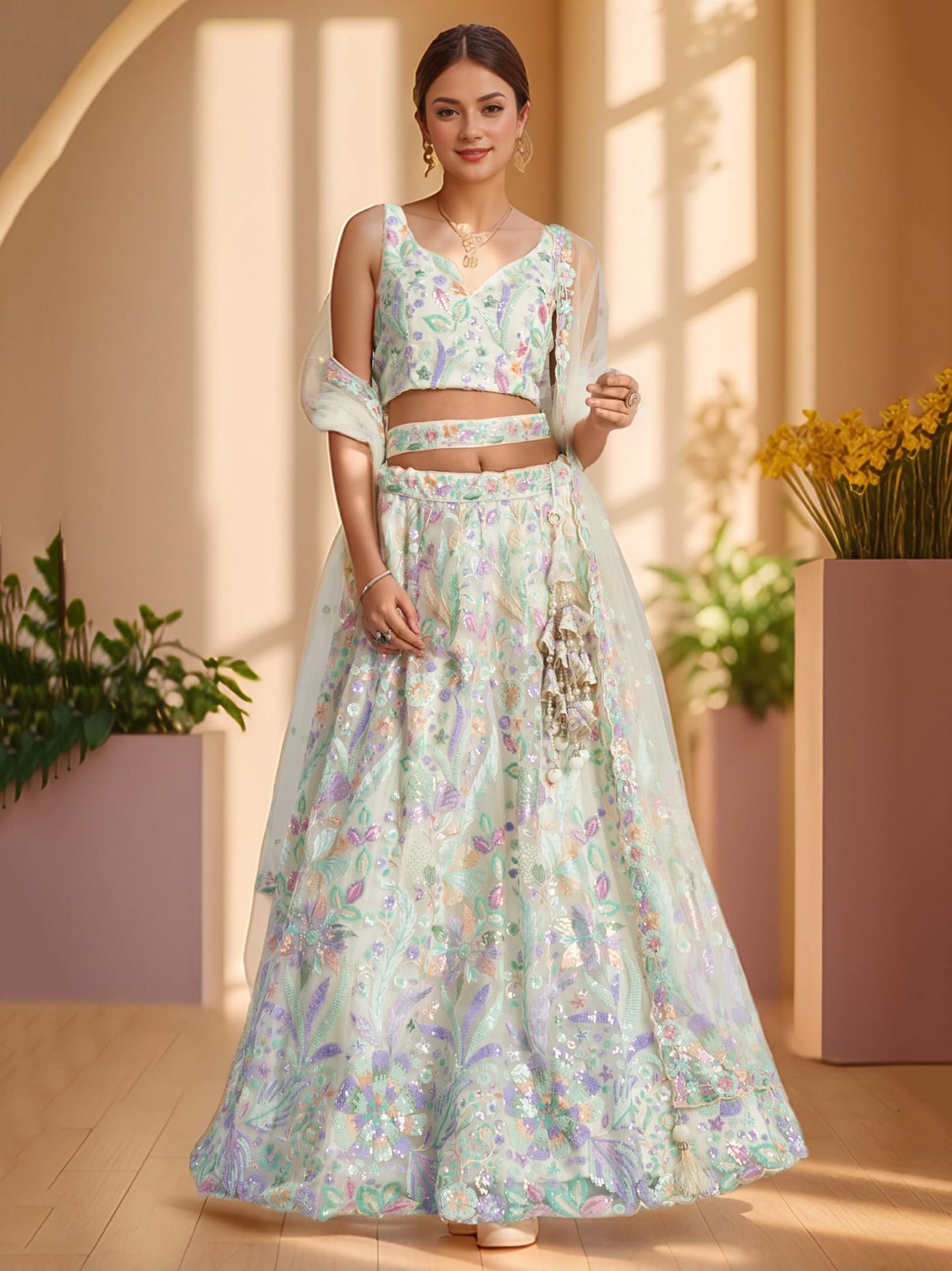 Zeel Clothing Women's Sequins Embroidered Work Soft Net Lehenga Choli With Dupatta (6020-Women-Lehenga-Choli-Latest; Free size) (White) (White)