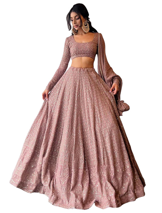 JIHU CULTURE Pink Georgette Sequence Lucknowi Embroidery Work Semi sttiched Lehenga choli set for women (pink)