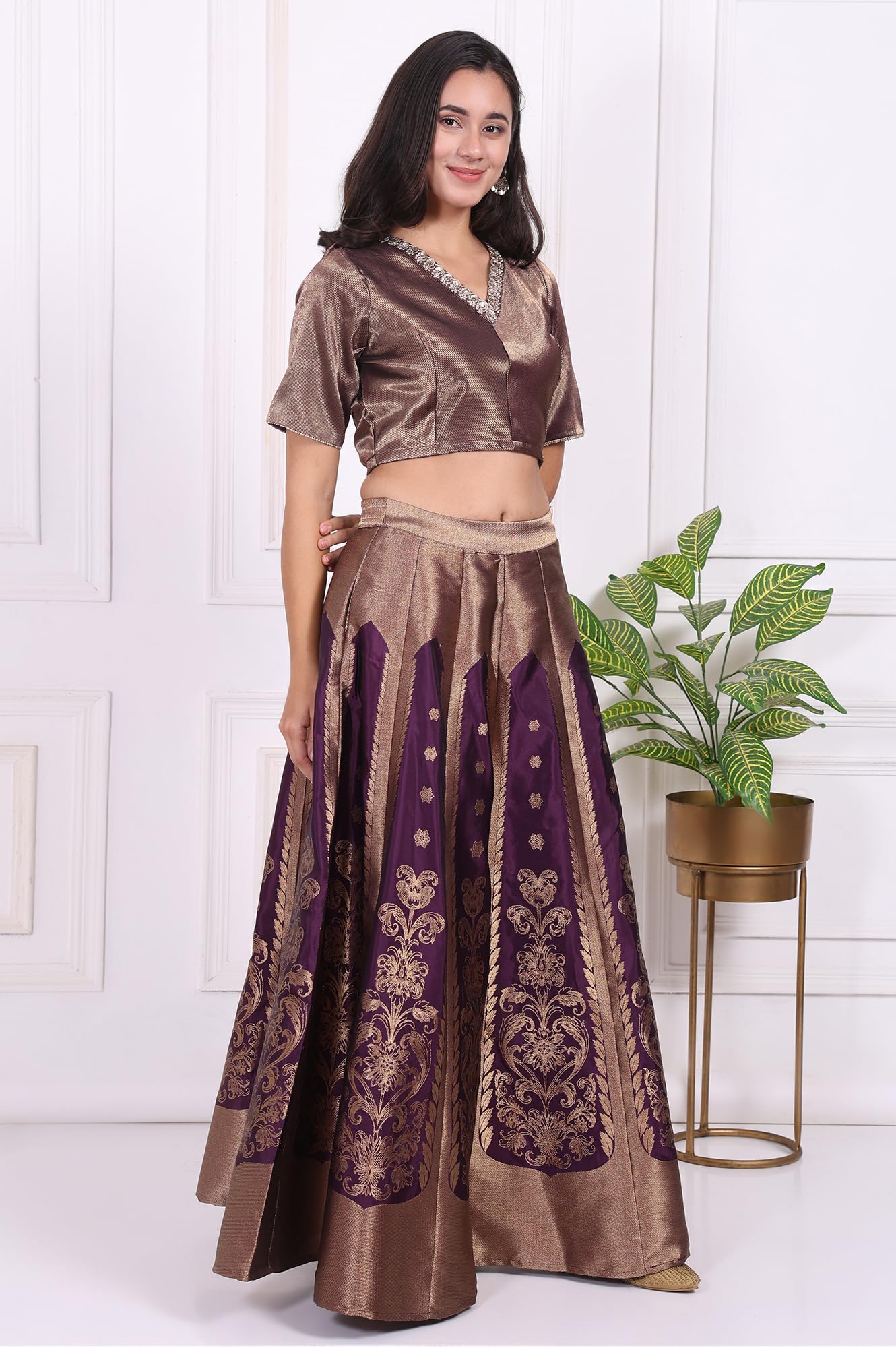 W for Woman Purple Embellished Jacquard Straight Crop Top, Skirt and Dupatta Set - (WS13240-314468-S)