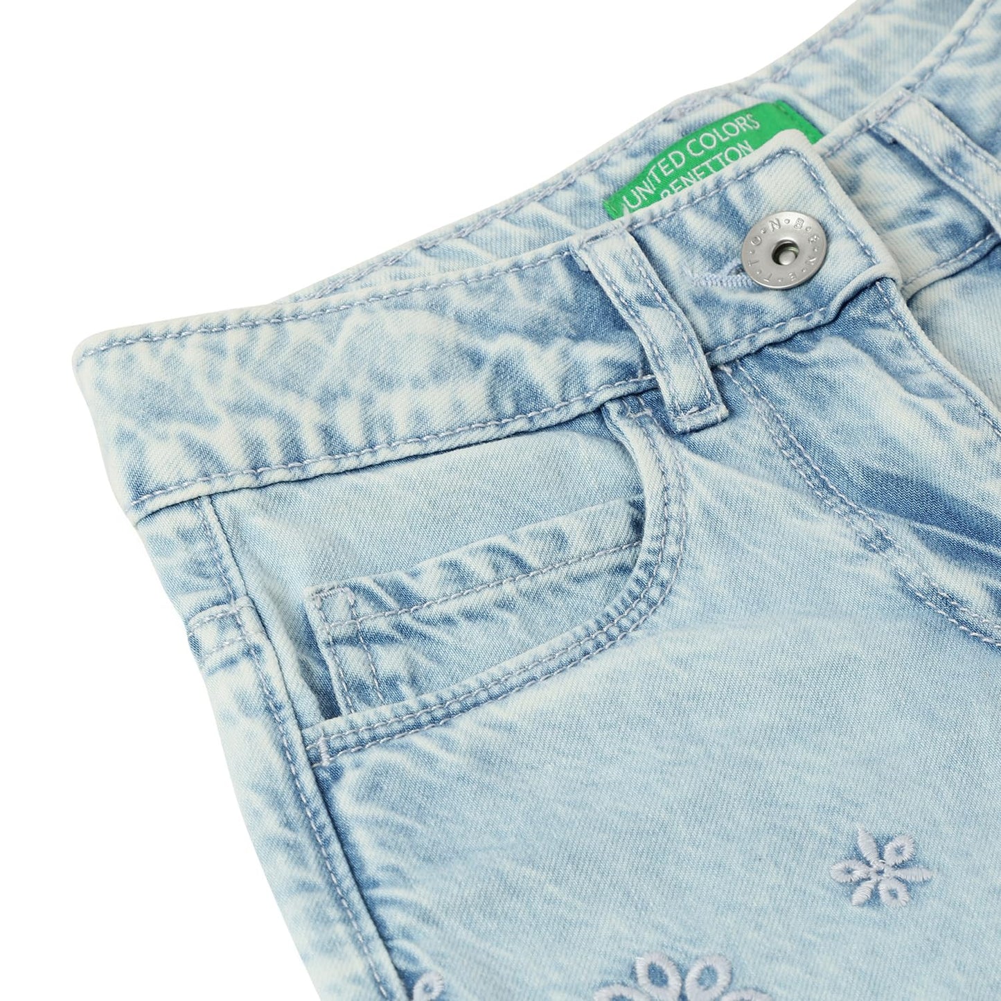 United Colors of Benetton Schiffli Embroidered Regular Fit Denim Shorts (Size: 7-8 Years)-25P4DENC0902I901