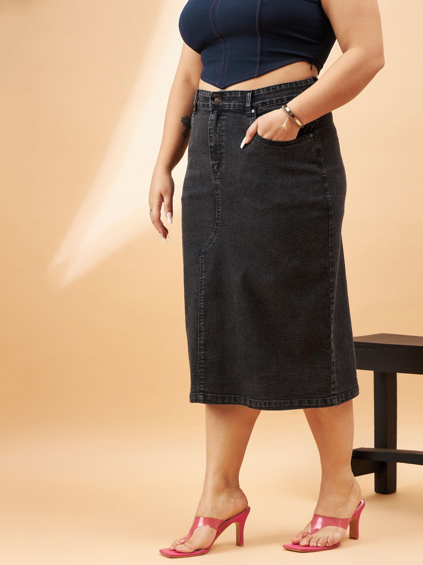 SASSAFRAS Curve Black Denim Acid Wash A-Line Skirt