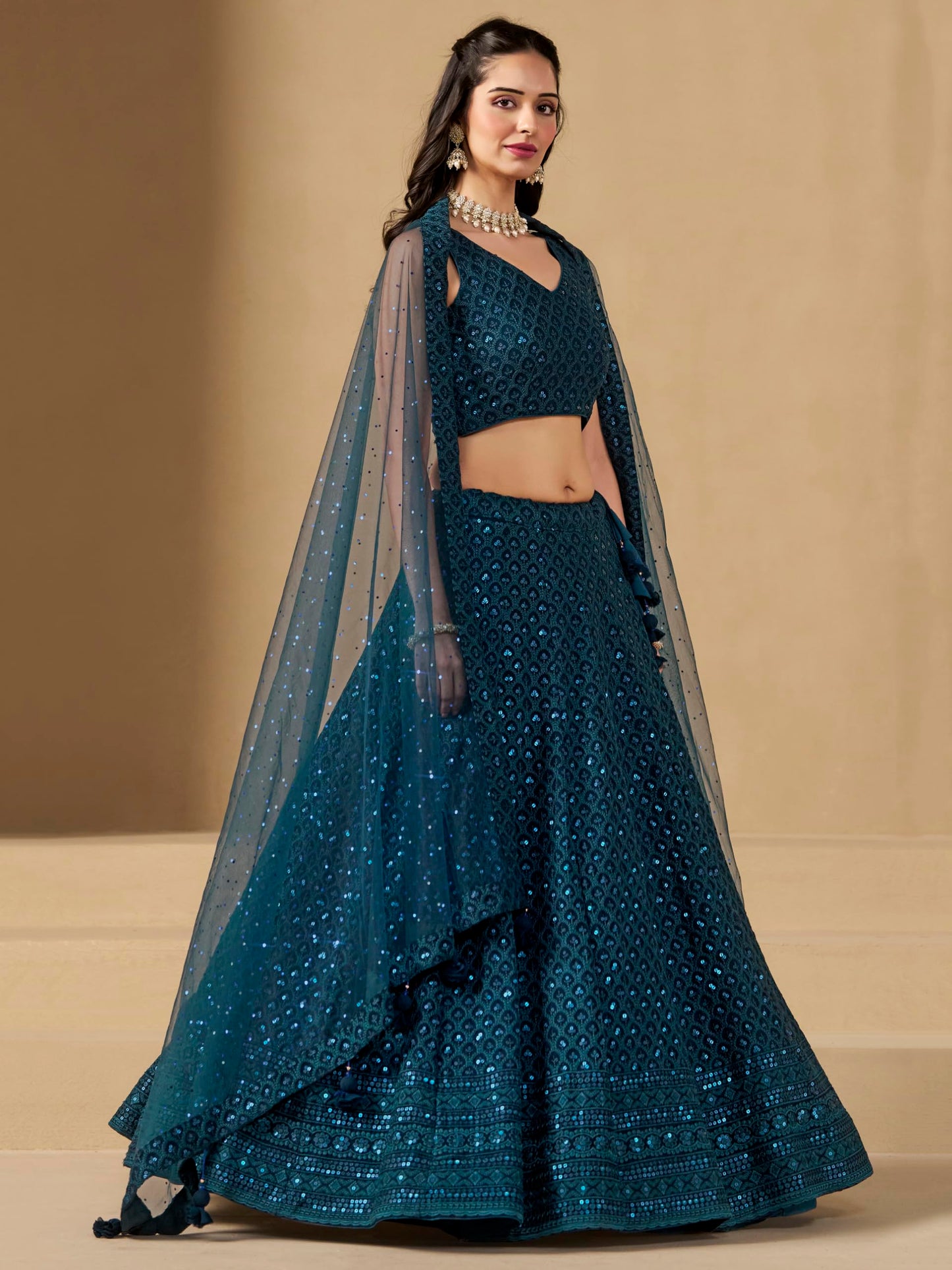 Zeel Clothing Women's Sequins Thread Embroidered Georgette Lehenga Choli With Dupatta (5124-Blue-Women-Lehenga-Choli-New; Free size) (Blue)