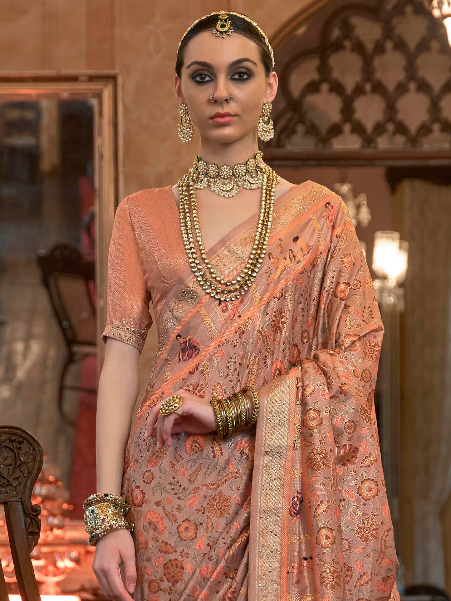 SAREE MALL Women's Botanical Printed Tassels and Latkans Banarasi Silk Saree With Unstiched Blouse Piece (Peach_PDMAVT695_RW)