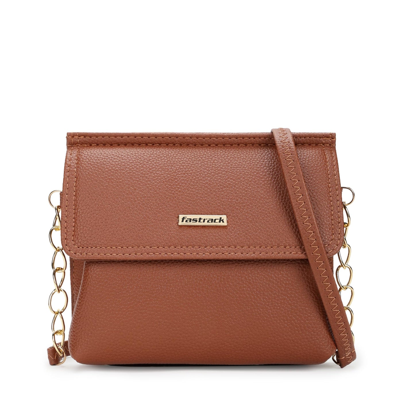 Fastrack brown Sling | Faux-Leather Women’s Handbag | Button-Closure Sling with Metal Accent Strap