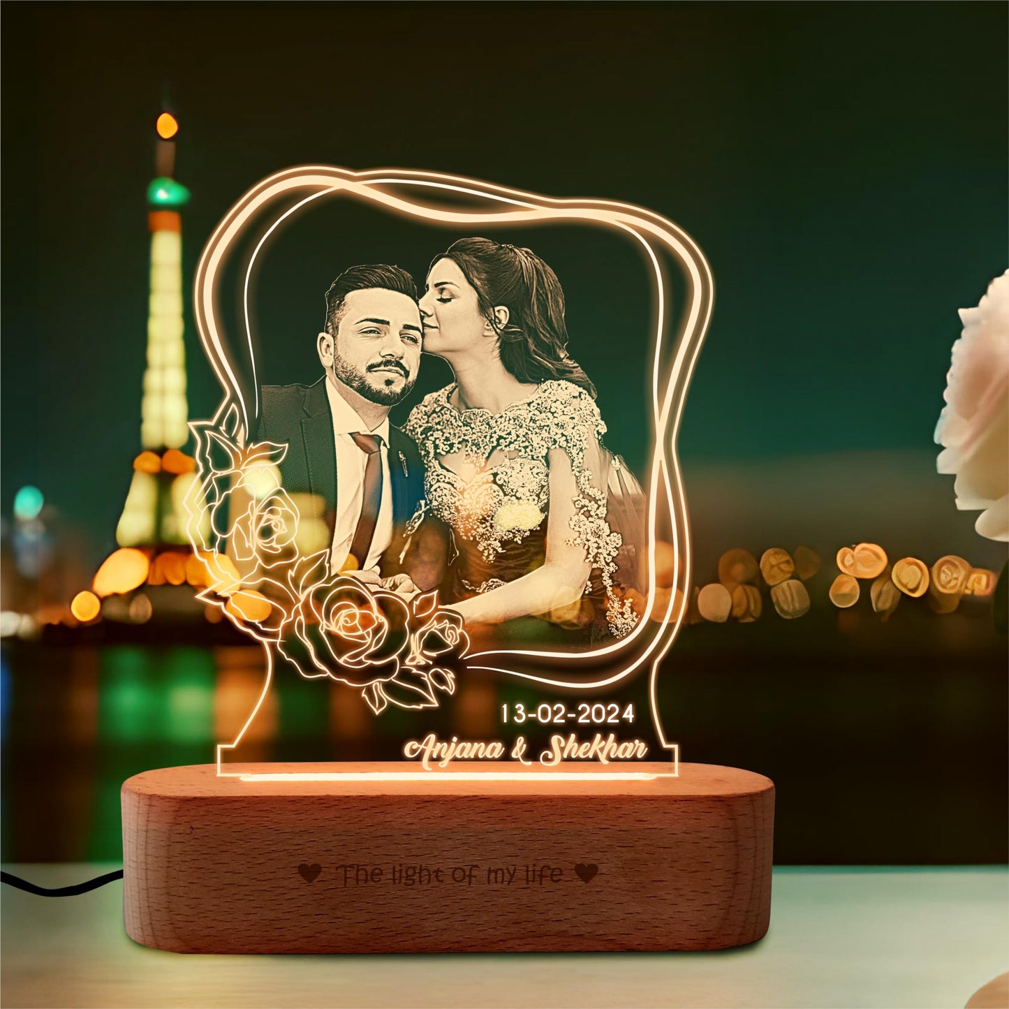 ZOCI VOCI Personalized Valentine Gift for Couple - LED Photo Frame | Customized Anniversary Gift for Wife & Husband | Photo Engraved Lamp (Bloom Light, Warm Light)