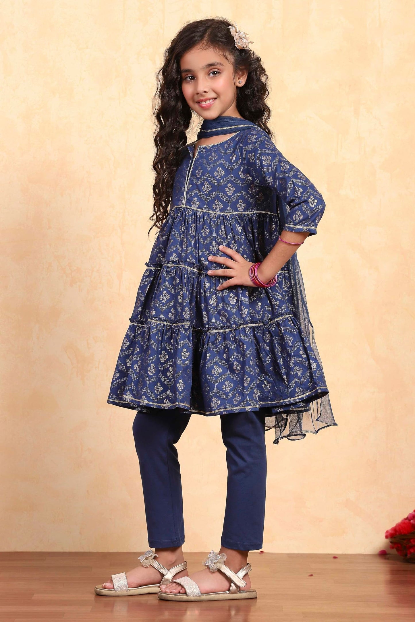 Biba Girl's Blue Cotton Tiered Printed Kurta Churidar Set