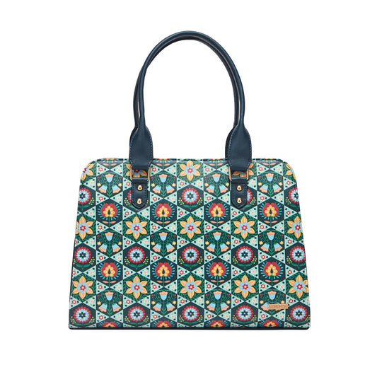 Chumbak Naples Tote Bag for Women, Navy Floral PU Leather, Digital Nomad Collection, Spacious and Stylish Travel Tote, Zipper Closure, Great for Office and Daily Use
