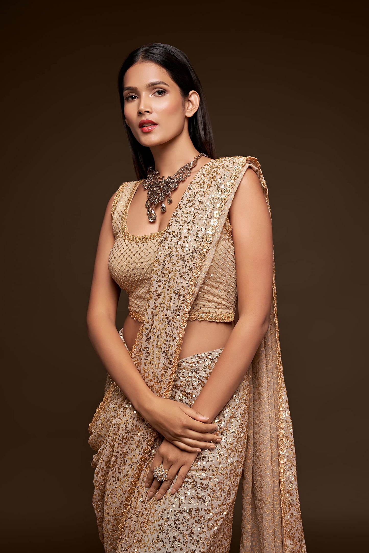 TRENDMALLS Women's Georgette Heavy Sequins Work Heavy Saree with Blouse (Latest-Sequins-Party-Saree) (Beige)