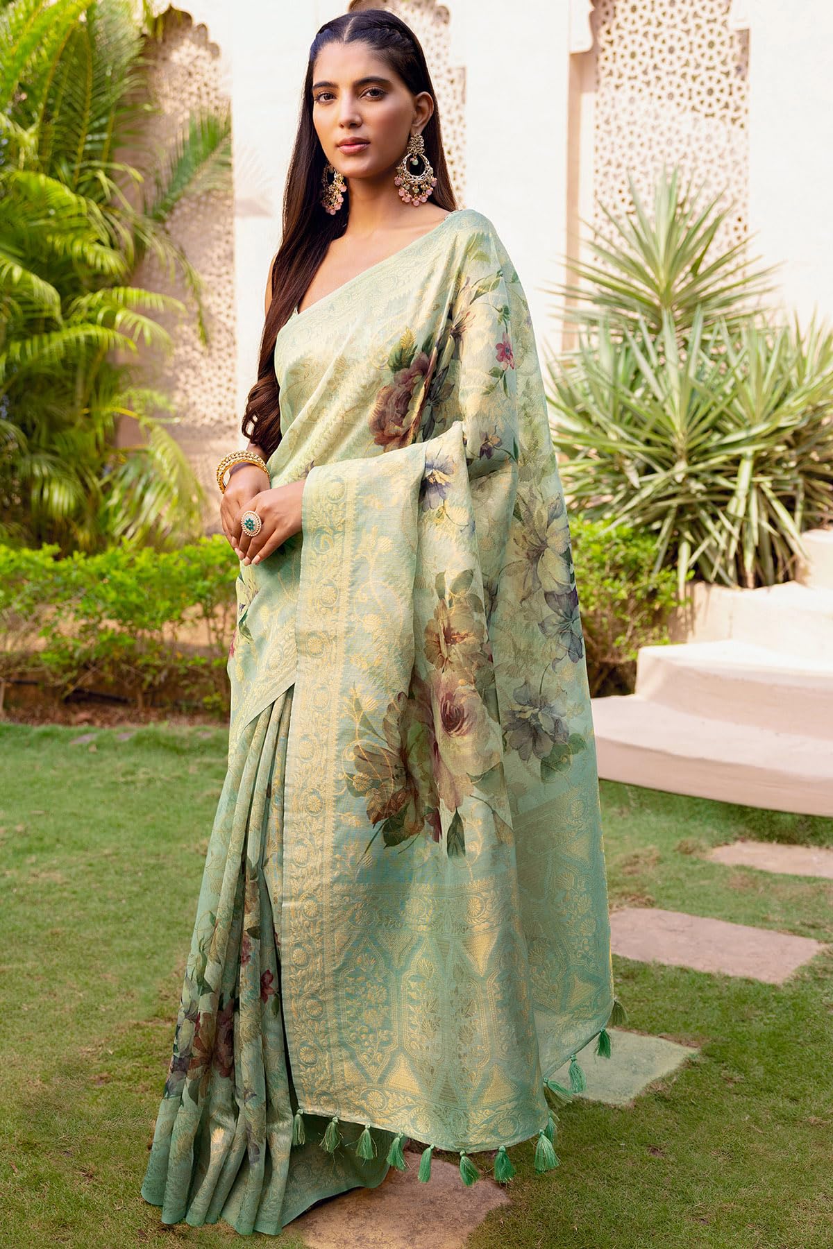 Soch Womens Sap Green Chanderi Floral Print Saree With Zari Woven