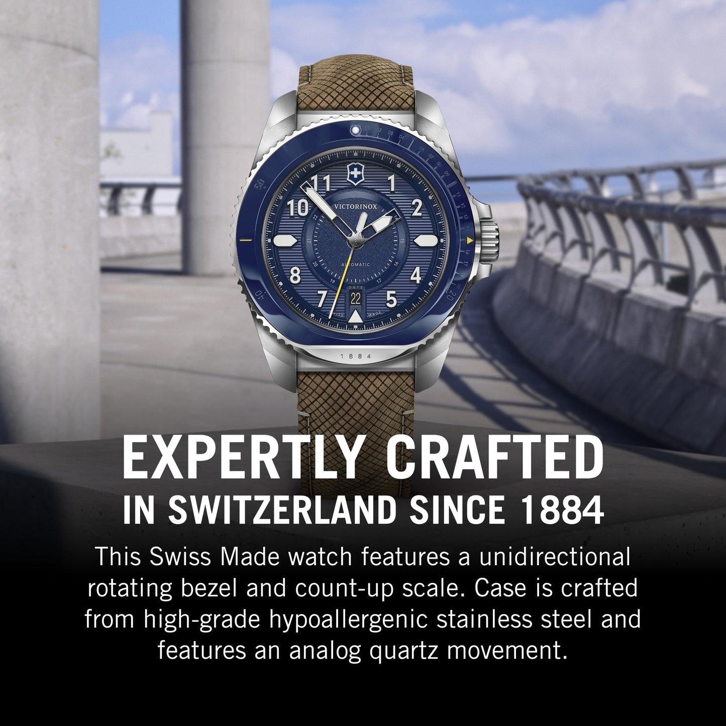 Victorinox Wood Journey 1884, Automatic Swiss Made Men's Analog Watch, Blue Dial, 43 Mm, Water Resistant Up To 200 M, Sellita Sw 200-1 Movement, Wrist Watch For Men|241980.1,Brown Band