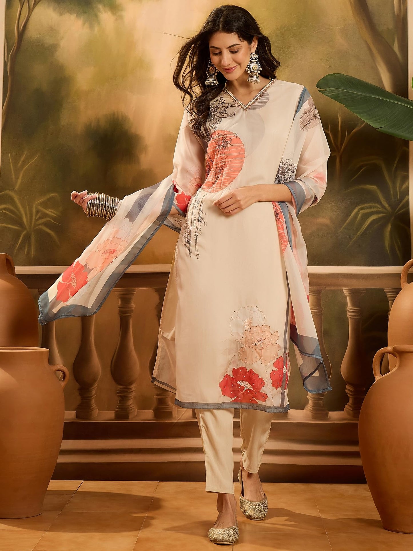 Stylum Women's Printed & Embroidered Soft Organza Straight Kurta Pant Dupatta Set