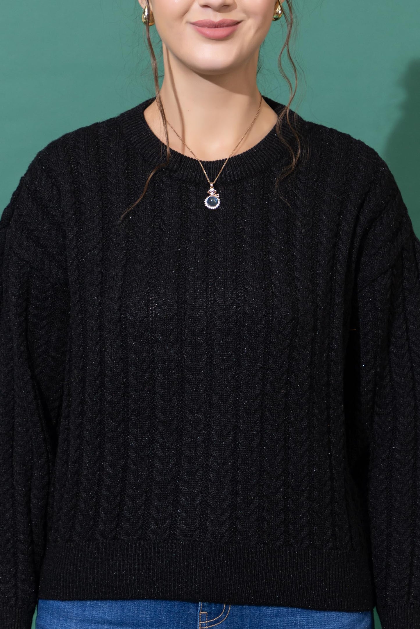 Prashar Women Round Neck Line Cable Design Full Sleeve Winter Wear Pure Wool Sweater (in, Alpha, 2XL, Black)