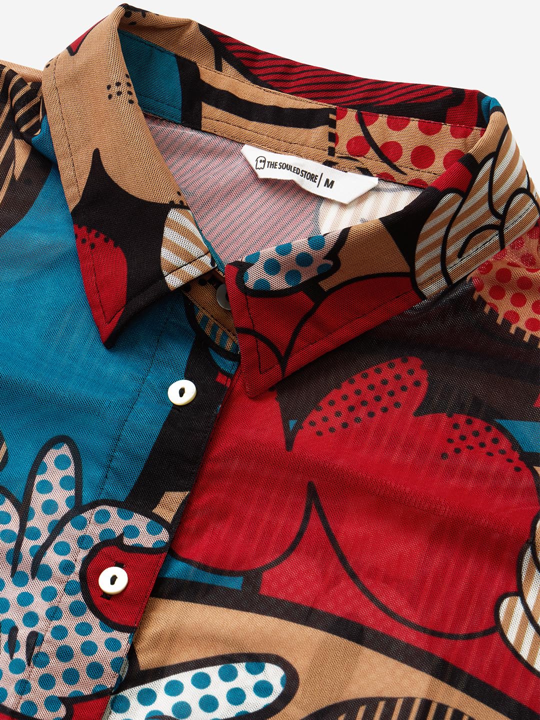 The Souled Store Mesh Shirt : Mickey Mouse Abstract Women and Girls Long Sleeve Collared Neck Button Down Multicolor All Over Printed Cotton Boyfriend Shirts Oversized Loose Fit Shirts Casual