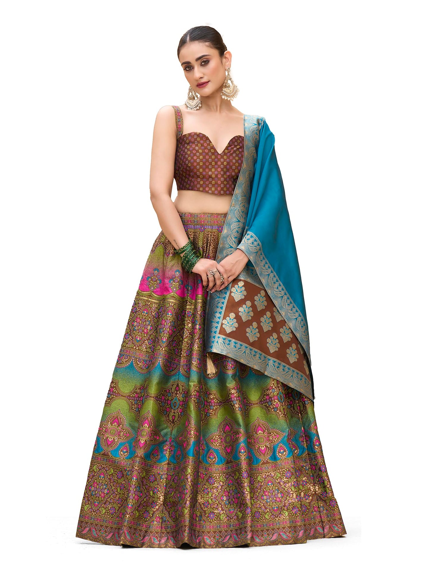 PURVAJA Women's Kanjiwaram Semi-Stitched Lehenga choli (Nazm-Brown_Free Size)