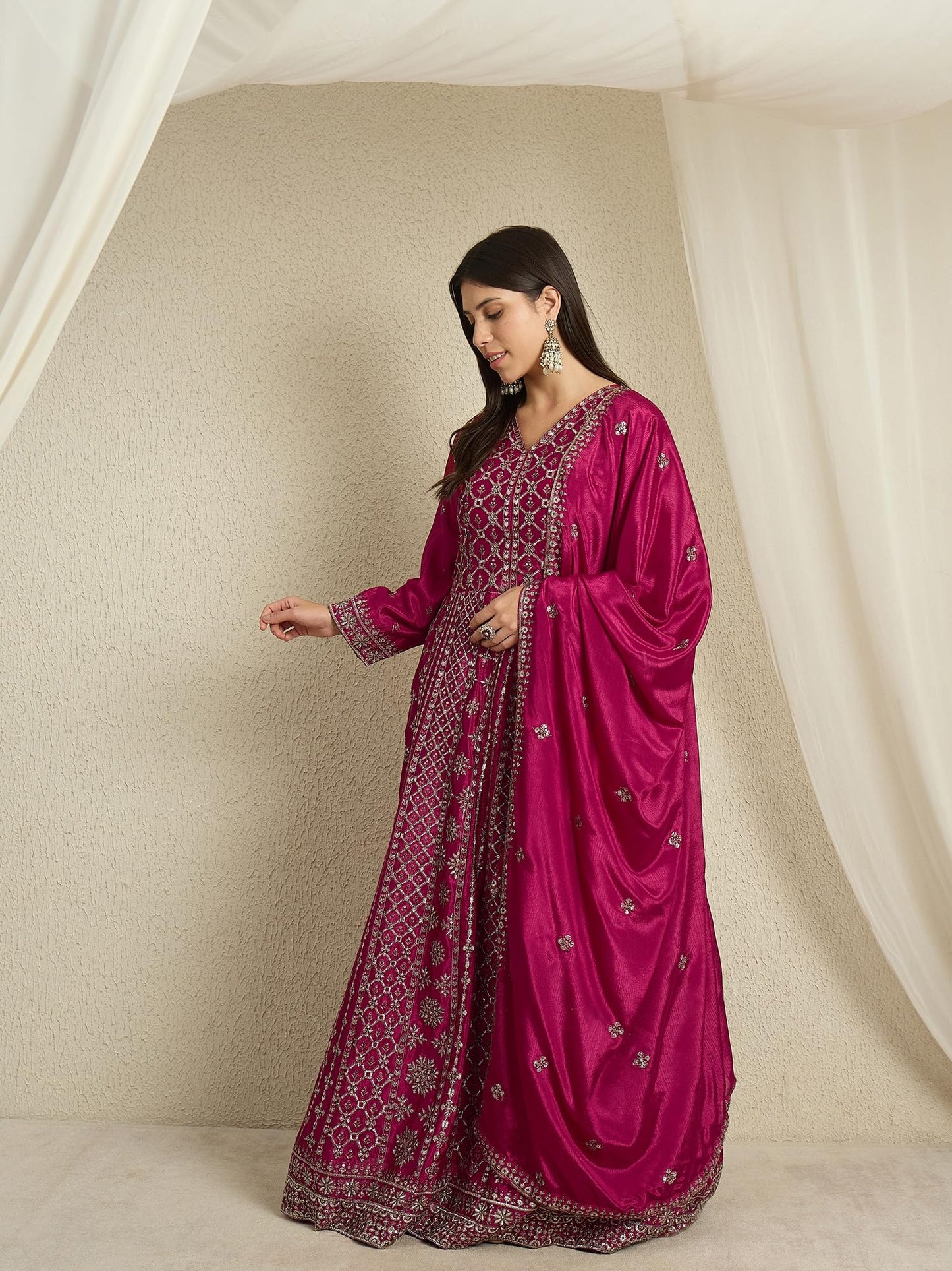 Miss Ethnik Women's Maroon Chinon Stitched Gown with Dupatta Full Sleeve Embroidered A-Line Gown (MEY-1236-Maroon-M)