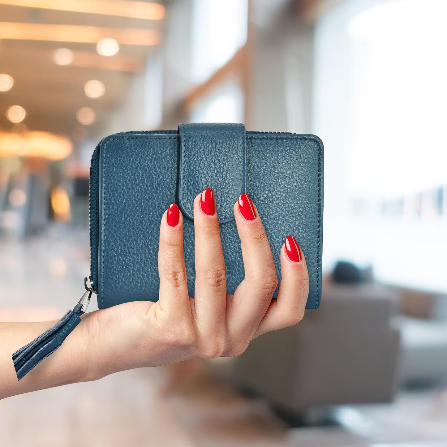 SKYLE Leather Wallet for Women (Blue), RFID Wallets for Girls, Small Ladies Wallet, 14 Card Slots, Cash & Coin Compartment, Purse with Button Closure & Strong Zipper