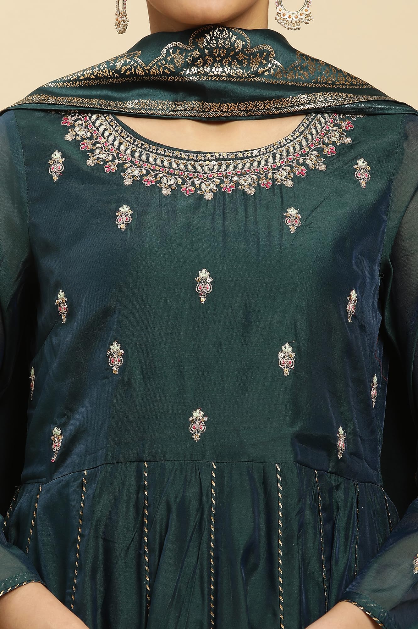 W for Woman Women's Viscose Solid Kurta, Slim Pant & Dupatta (23AUWS10284-221084_Green_S)