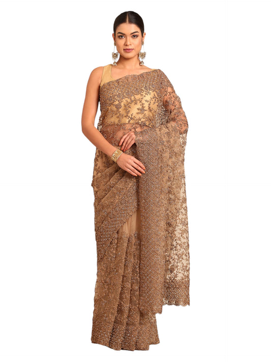 MOHEY Fawn Net Embroidery|Stone Work Saree for Women
