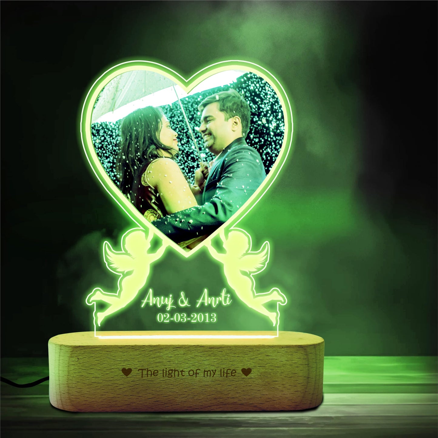 ZOCI VOCI Acrylic Personalized Valentine Gift for Couple - Tabletop LED Heart Photo Frame,Anniversary Gift for Wife & Husband,Photo Engraved Lamp (Cupid Love,RGB Smooth - No Remote),Blue,20x15 cm