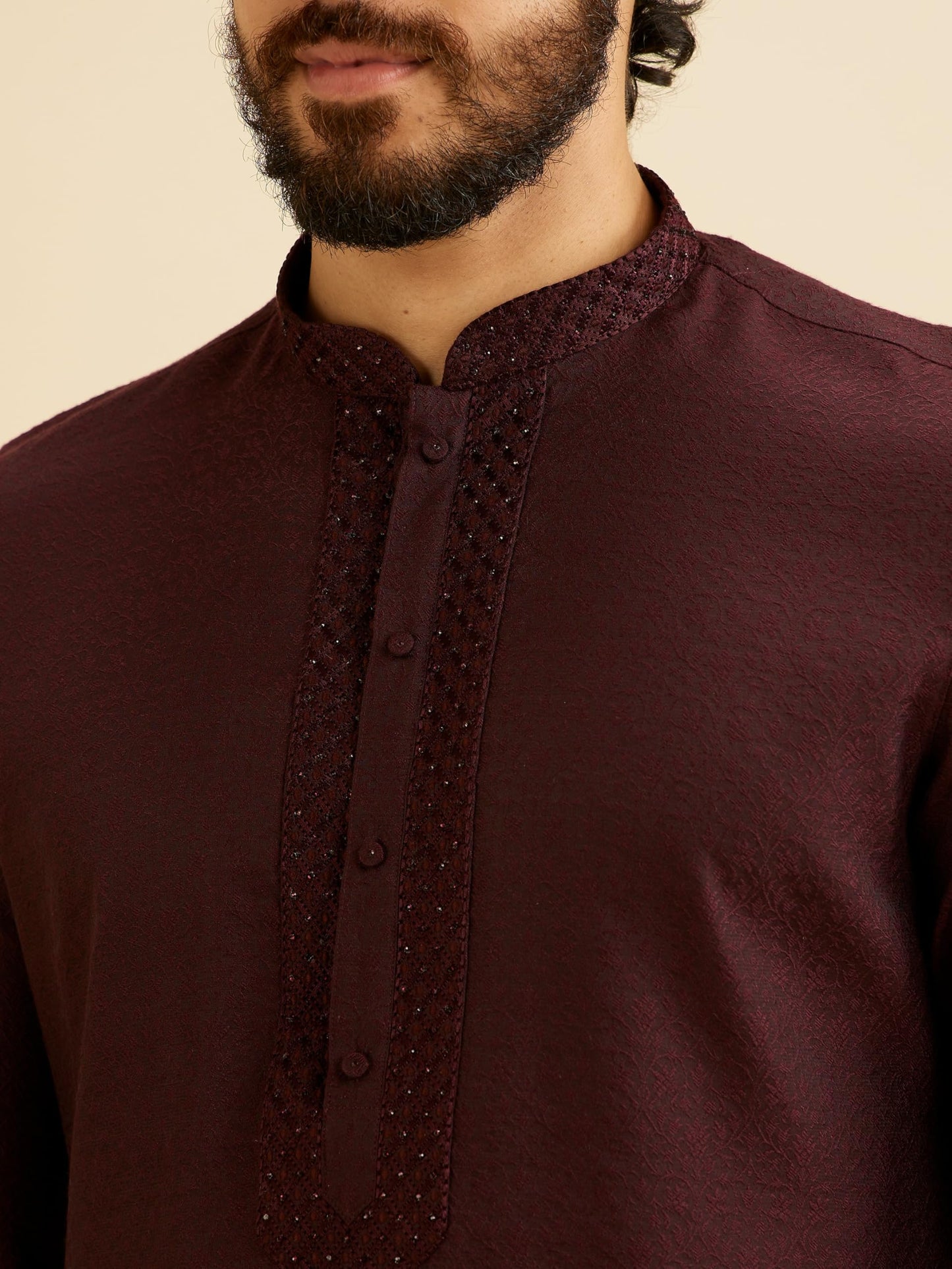Manyavar Men's Viscose Blend Neck Embroidery Kurta Set (Wine,XL)