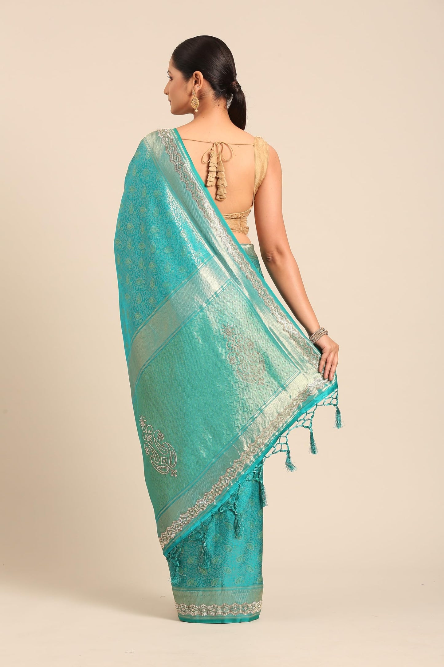 MOHEY Women's Art Silk Embroidered|Zari Weave Saree (Rama Green)