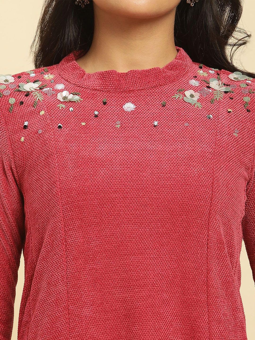 W for Woman Red Embellished Winter Flared Dress (Size: M)-24NOW10211-214829