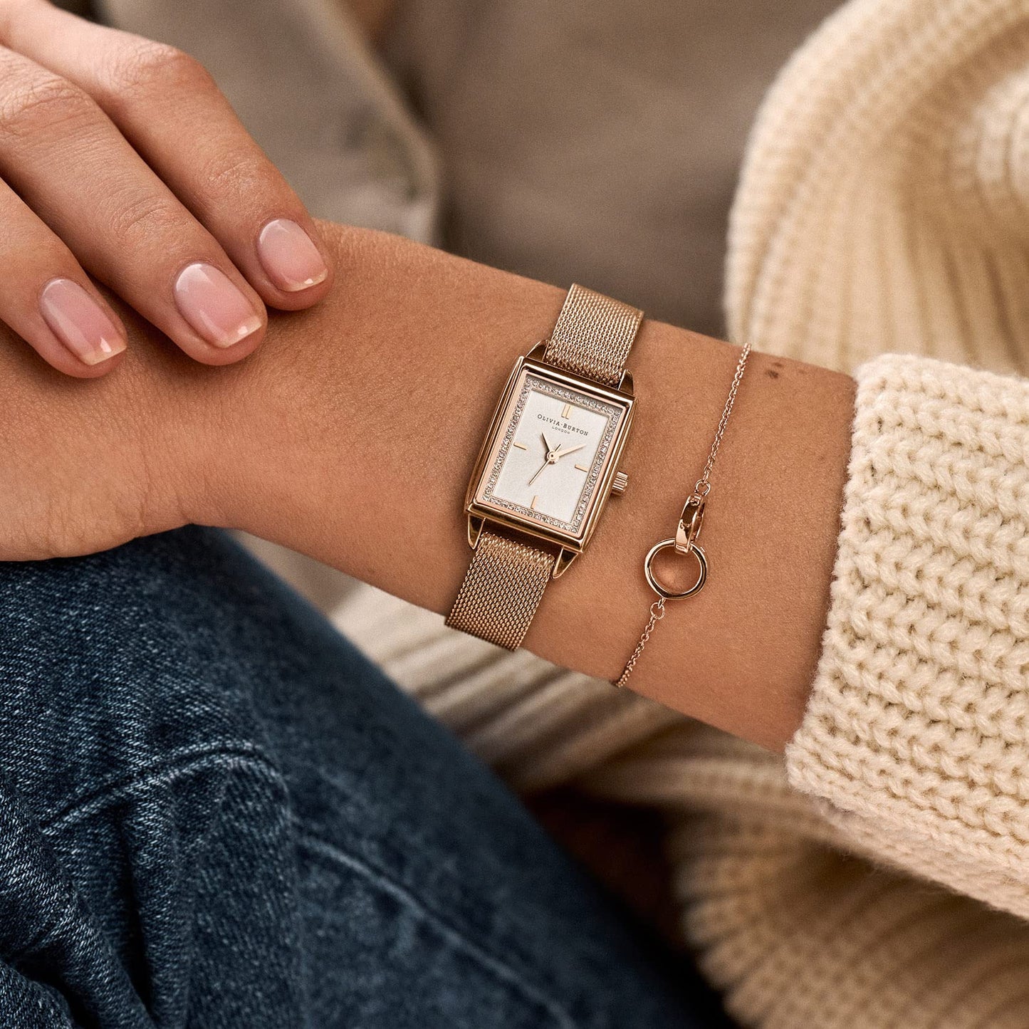 Olivia Burton Rectangular Quartz White Rectangular Crystal Dial Women's Watch - 24000015