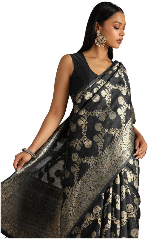 Soch Womens Black Tussar Floral Print Saree With Zari Woven