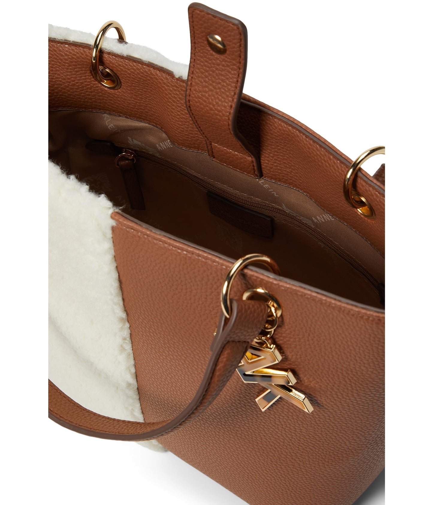Anne Klein Mini Convertible Sherpa Tote, Chestnut/Cream, One Size