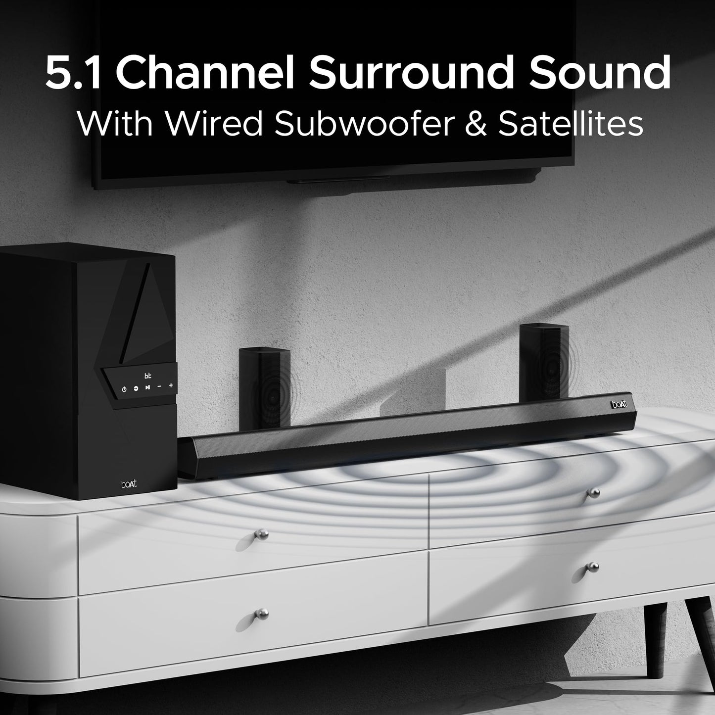 boAt Aavante Bar 3600, 500W Signature Sound,5.1CH Surround Sound, Wall Mountable Design, Bass & Treble with Master Remote Control, Bluetooth Sound Bar, Home Theatre Soundbar Speaker (Premium Black)