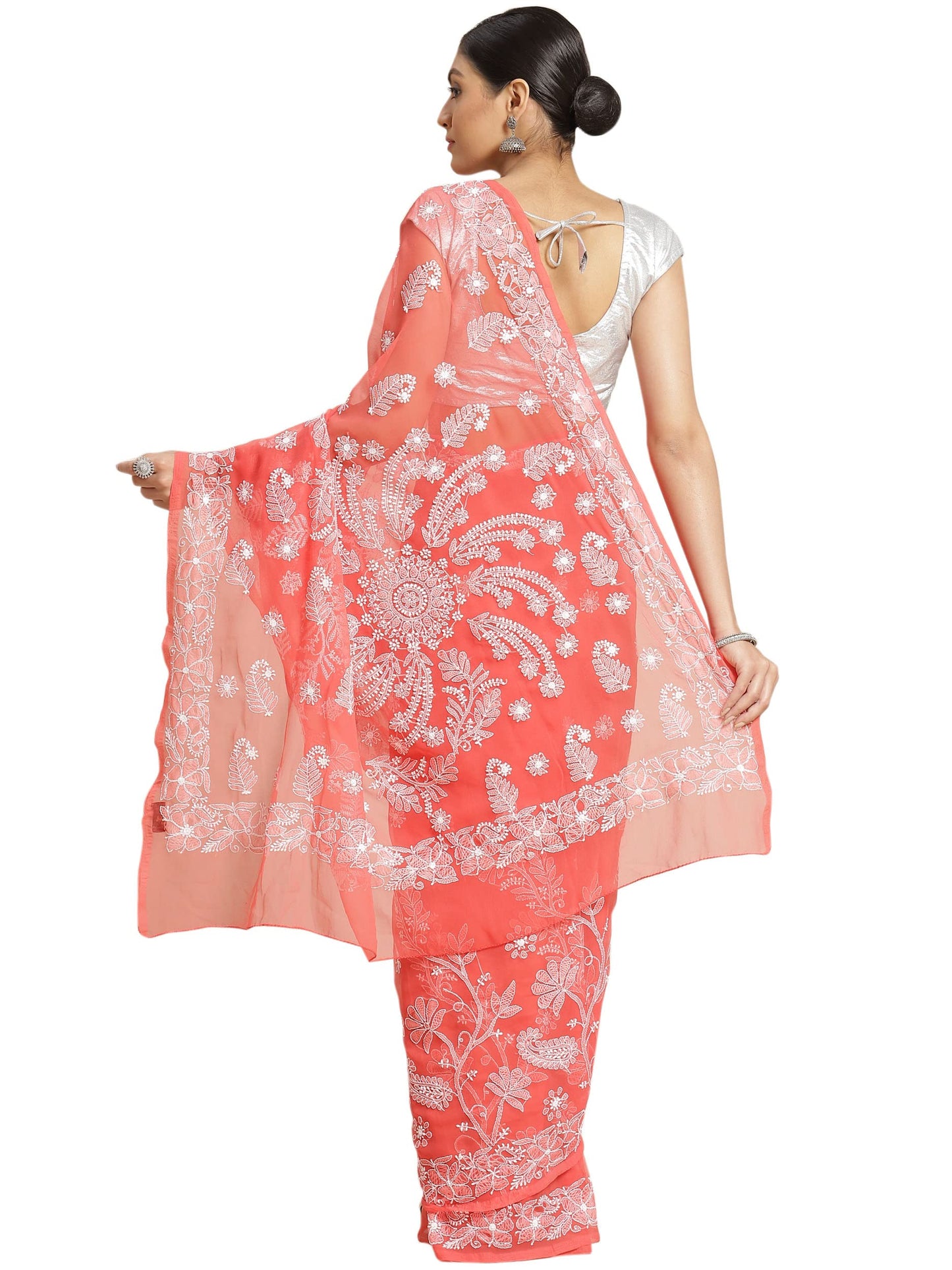 Ada Hand Embroidered Lucknowi Chikankari Work Women's Georgette Saree with Blouse Piece A204916 Carrot Pink