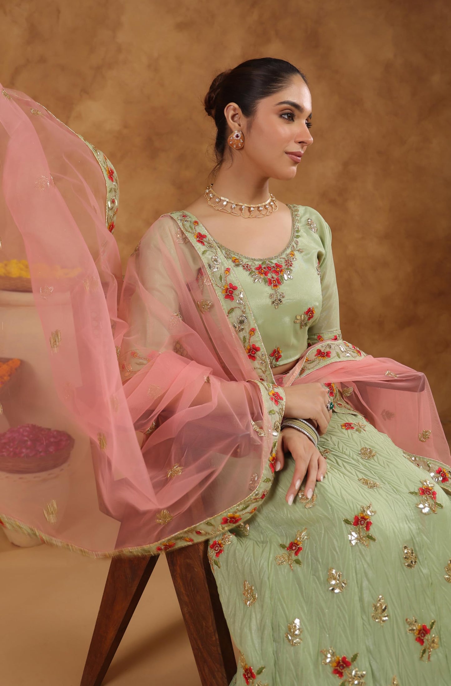 Janasya Women's Pista Green Zari Art Silk Embroidered Semi-Stitched Lehenga Choli with Dupatta Set (JAB24LC01931)