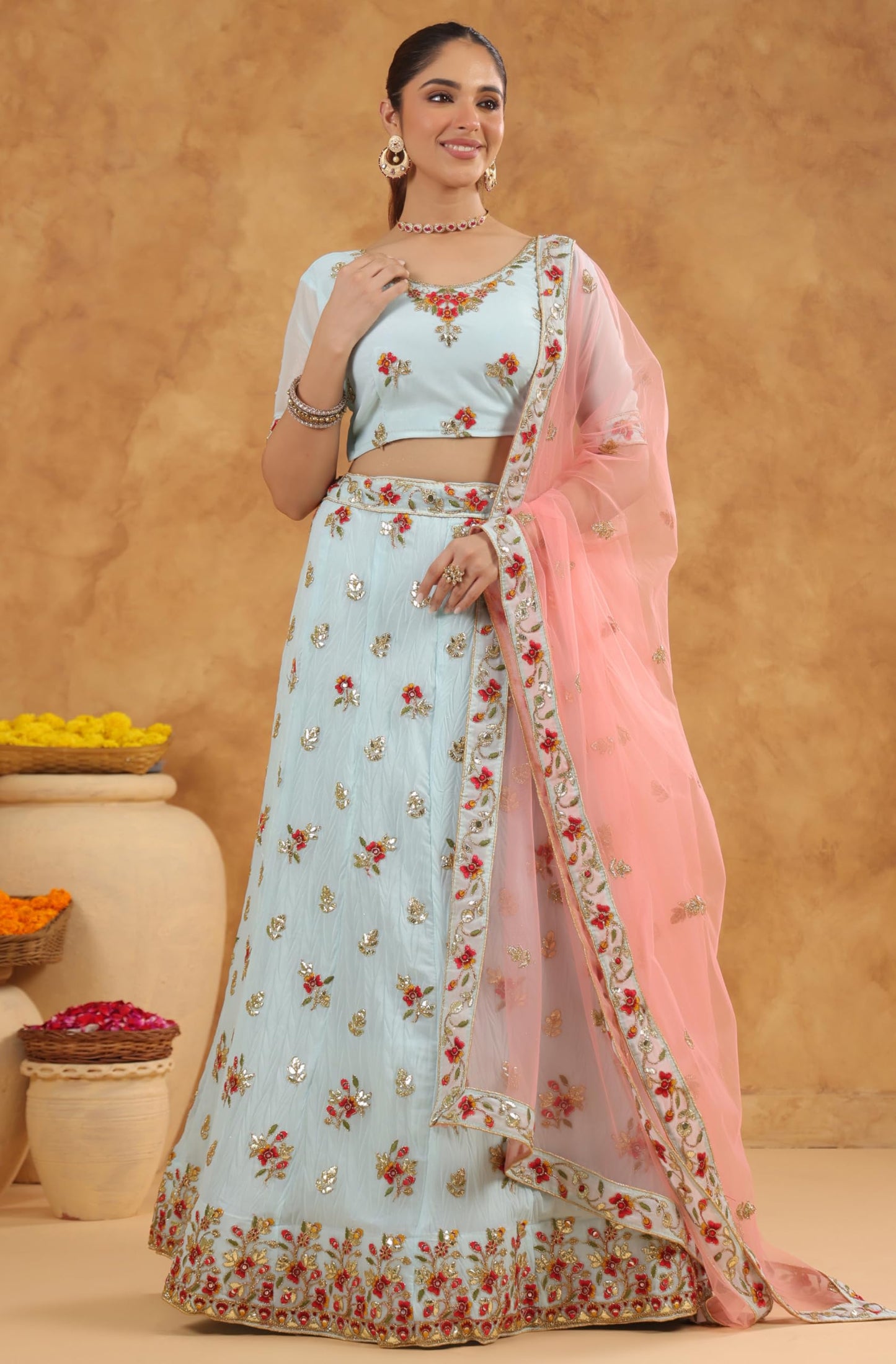 Janasya Women's Light Blue Art Silk Zari Embroidered Semi-Stitched Lehenga Choli with Dupatta Set (JAB24LC01894)