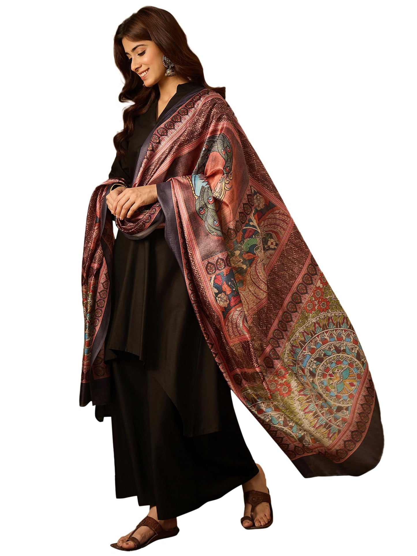 InWeave Mandarin Collar Straight Kurta with Palazzos & Dupatta