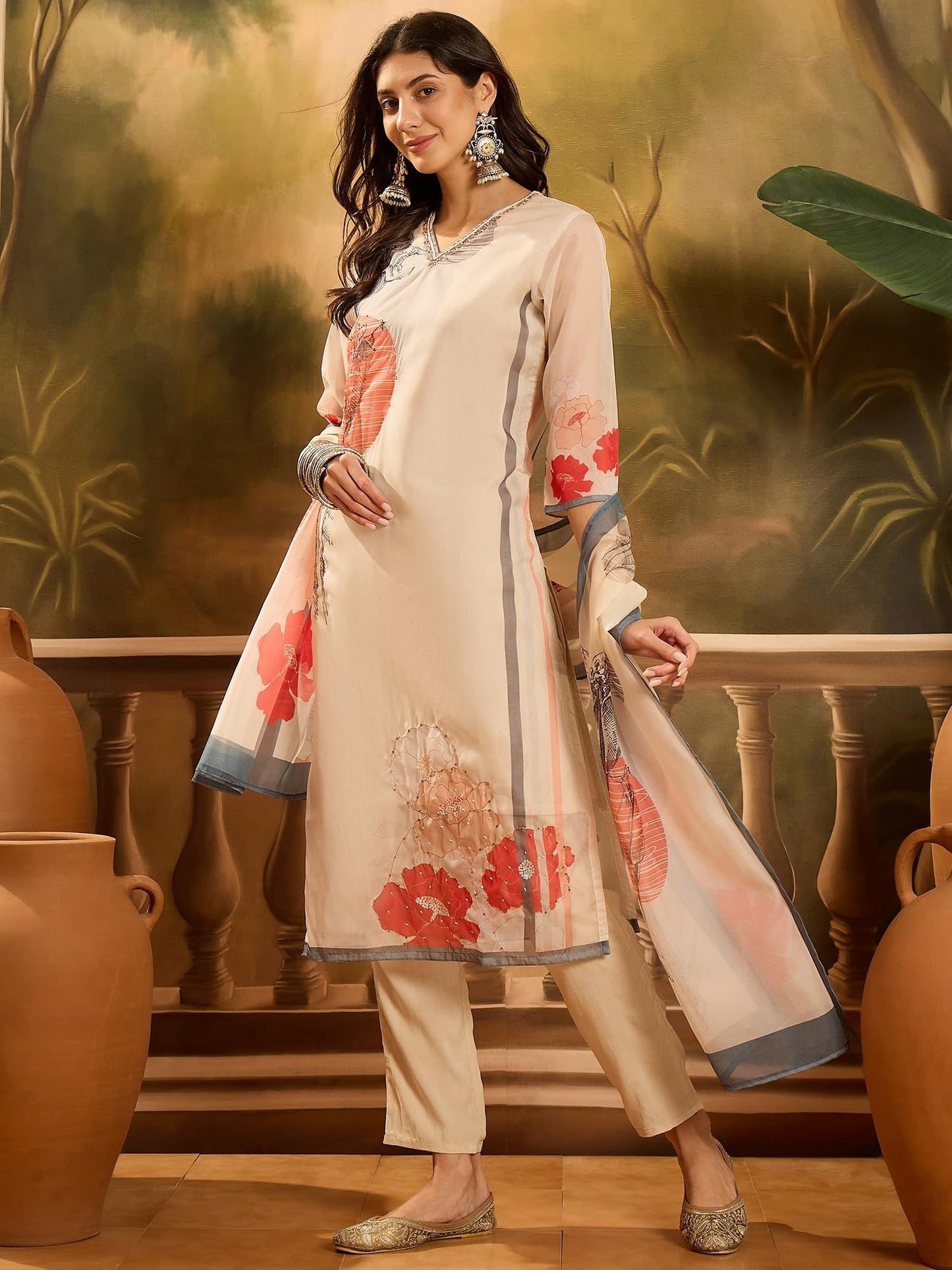 Stylum Women's Printed & Embroidered Soft Organza Straight Kurta Pant Dupatta Set